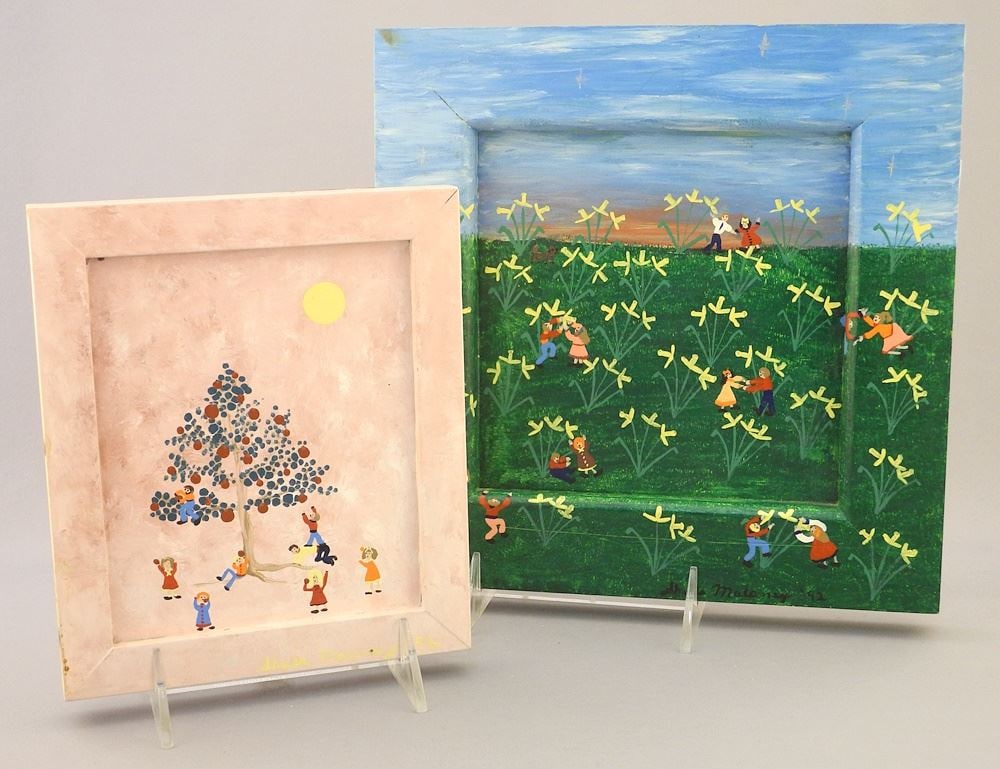 2 Enamel on Hardboard & Pine signed Sheila (Ruth) Maloney, 9 3/8" x 9 3/8" & 7" x 6", "Folk: 2 Enamel on Hardboard & Pine signed Sheila (Ruth) Maloney, 9 3/8" x 9 3/8" & 7" x 6", "Folk