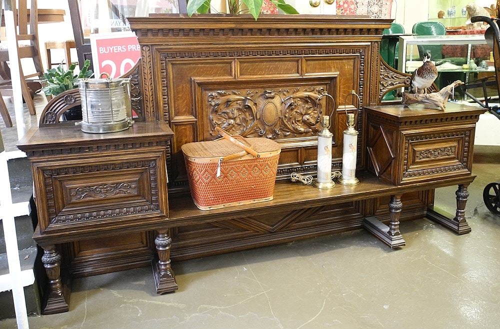 19th C. Carved Oak Hall Bench, 89"W. (1 of 2)