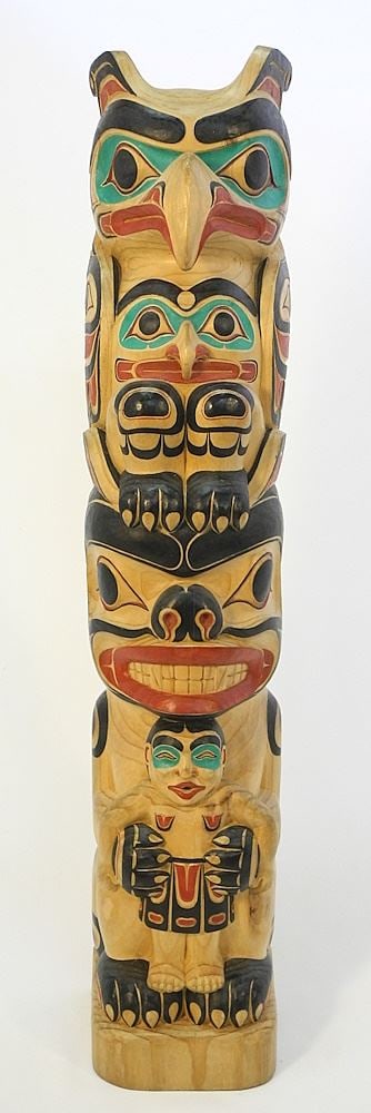 Northwest Coast Style Model Totem Pole signed Paul Johnny, 32"H. (1 of 3)