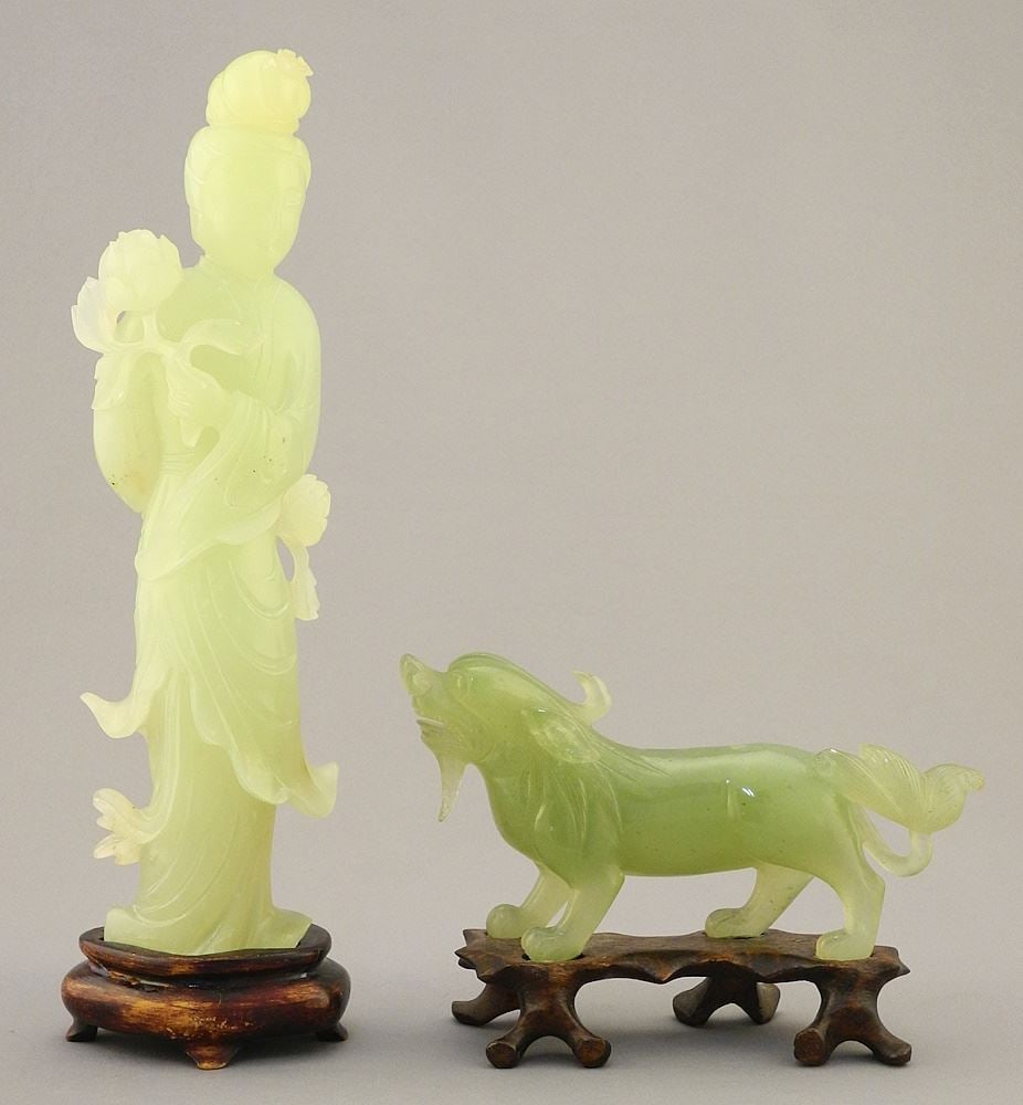 2 Jade Carvings: Kwan Yin (8 1/2"H) & Lion Dog (5 1/2"H).: 2 Jade Carvings: Kwan Yin (8 1/2"H) & Lion Dog (5 1/2"H).