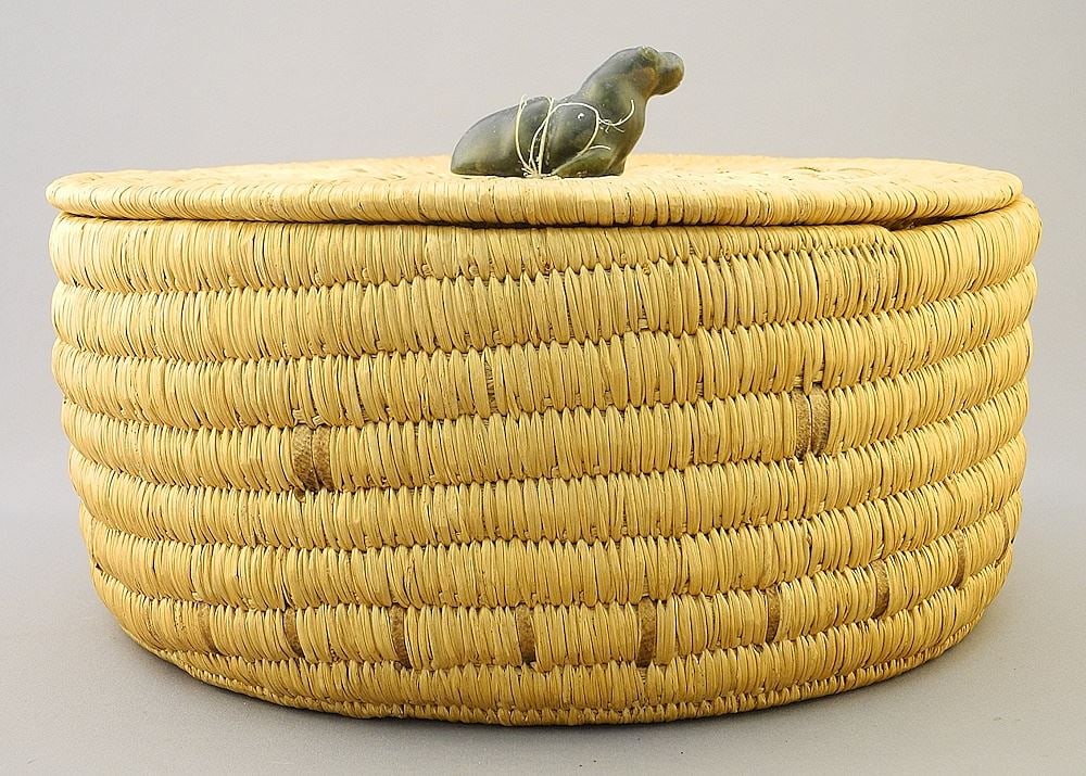 Inuit Grass Basket with Stone Seal Finial, 6" x 10 3/4" Diameter. (1 of 3)