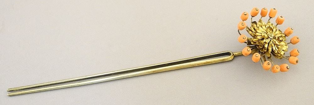 Japanese Red Coral Hair Ornament, 6 1/2"L. (1 of 2)