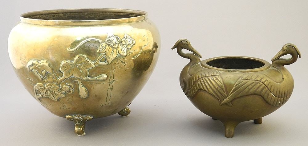 Minji Japanese Brass Embossed Jardiniere & Bronze Censer, 5 3/8" x 4 1/4"H. (1 of 2)