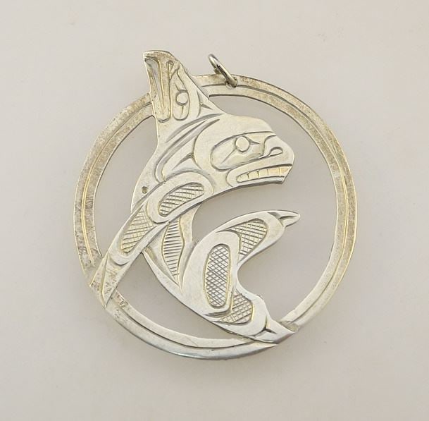 Northwest Coast Silver Hoop Pendant signed Lionel Samuels, 1 3/4"H, 6.18 Grams.: Northwest Coast Silver Hoop Pendant signed Lionel Samuels, 1 3/4"H, 6.18 Grams.