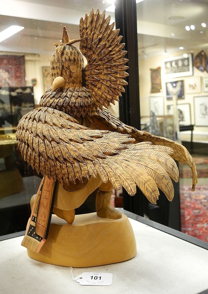 Carved Wood Kachina Signed Richard, 12 1/4 x 9 x 6 1/4", "Owl - Mon Gwa" , loss to plumage noted (1 of 4)