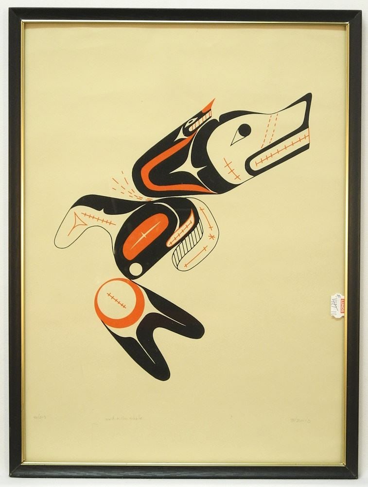 Nuu-Chah-Nulth Serigraph signed B. David, 15 1/8" x 11 1/8", "Wolf, Killer Whale" #40/213.: Nuu-Chah-Nulth Serigraph signed B. David, 15 1/8" x 11 1/8", "Wolf, Killer Whale" #40/213.