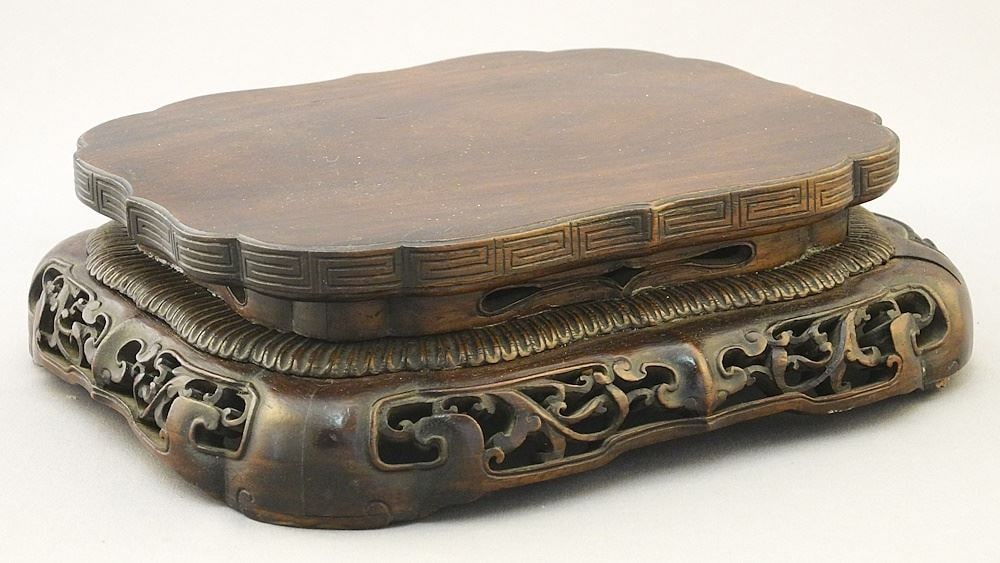 Elaborate Antique Chinese Carved Rosewood Display Stand, 2 1/8" x 7 1/4" x 6 3/8". (1 of 2)