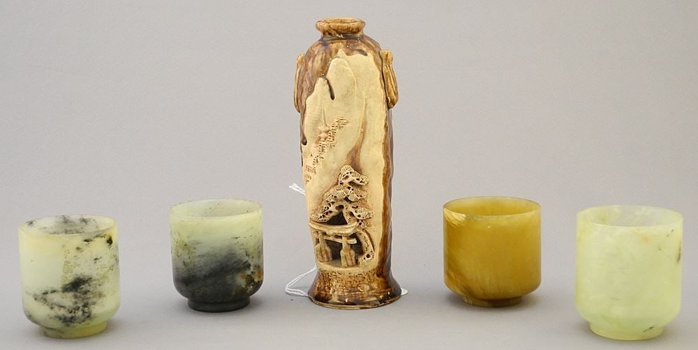 4 Hardstone Cups & Japanese Bisque Vase, 2" - 6"H.: 4 Hardstone Cups & Japanese Bisque Vase, 2" - 6"H.