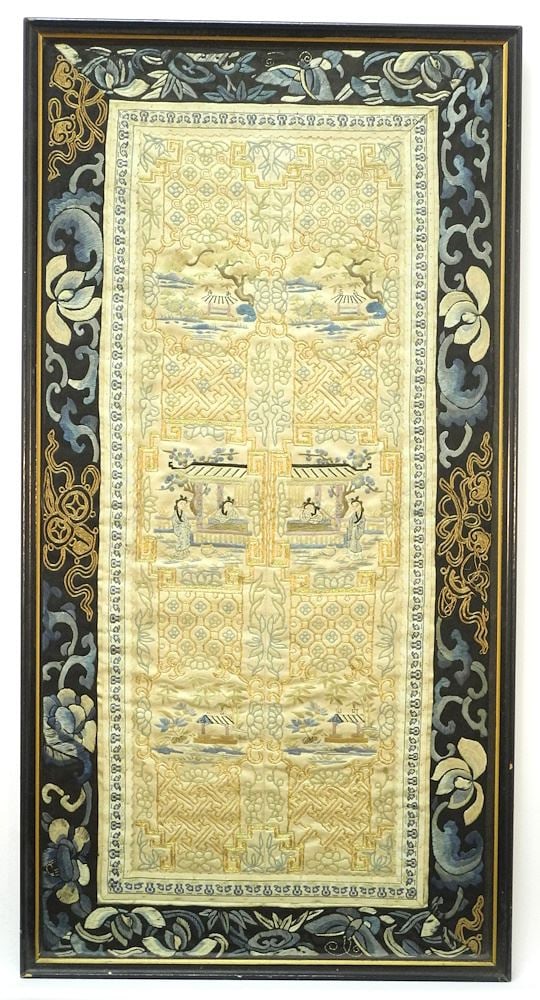 Pair of Mandarin Sleeve Panels, Framed, 24 3/4" x 12 1/4". (1 of 2)