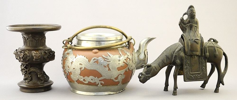 Chinese Bronze Vase & Figure with Overlaid Yixing Ware Teapot, 4" - 6 1/4"H. (1 of 4)