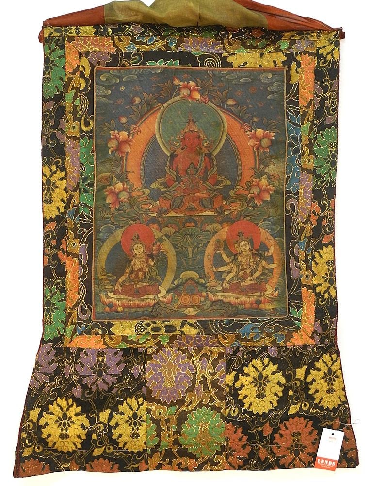 Tibetan Thangka "Amitayus White Tara and Namgyalma", sight 17 x 13".: Tibetan Thangka "Amitayus White Tara and Namgyalma", sight 17 x 13".