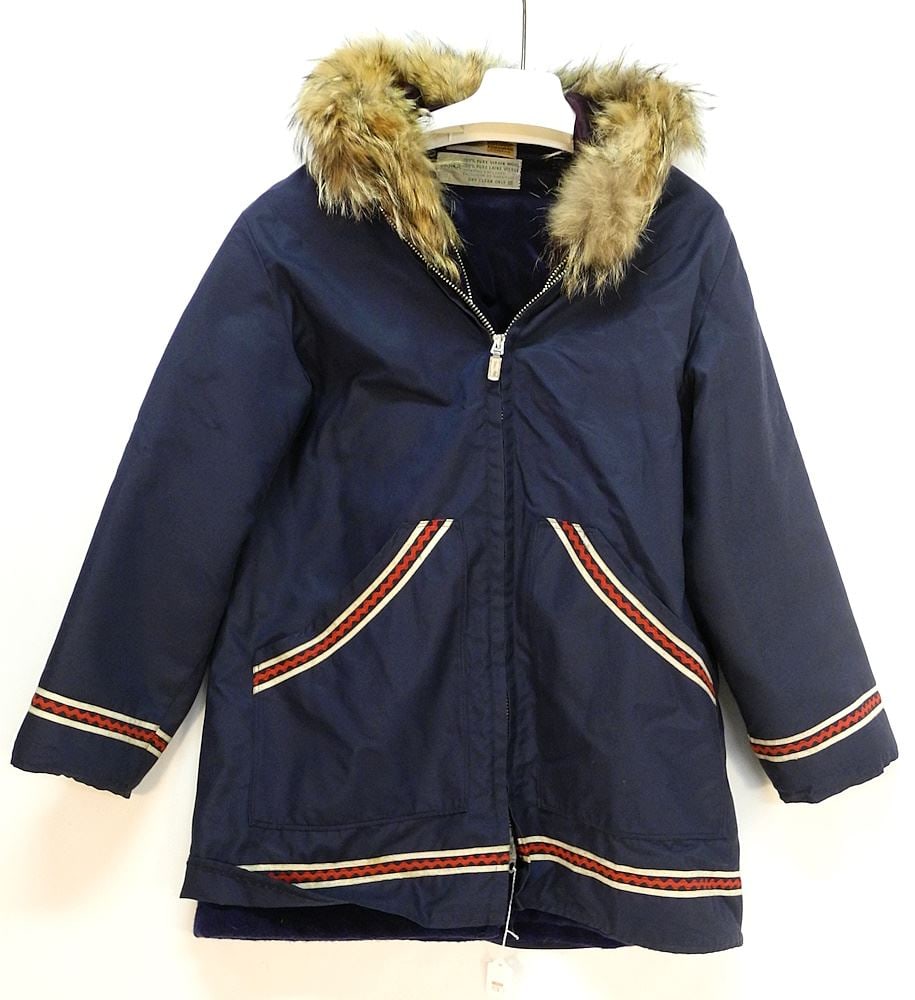 Fur Trimmed Parka, Embroidered Felt Liner, label: "Handcrafted by Canadian Eskimos", size: L: Fur Trimmed Parka, Embroidered Felt Liner, label: "Handcrafted by Canadian Eskimos", size: L