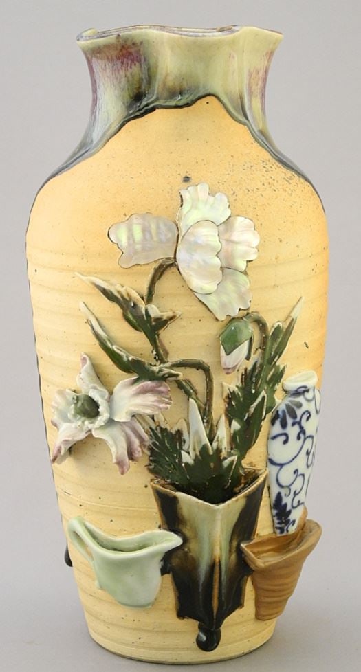 Jun Glazed Bisque Porcelain Vase with Mother of Pearl & Blue & White Appliques, 9 1/4"H. (1 of 2)