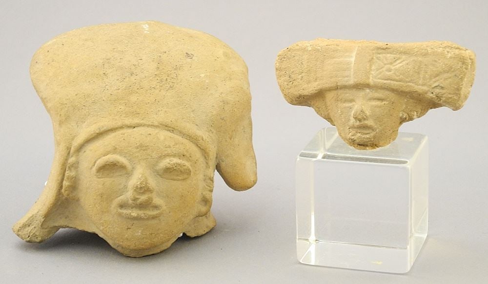 Mayan Clay Head (3" x 3 1/2"W) & Mayan Head with Spatulate Headdress, 500-1500 AD, 1 1/4. (1 of 1)