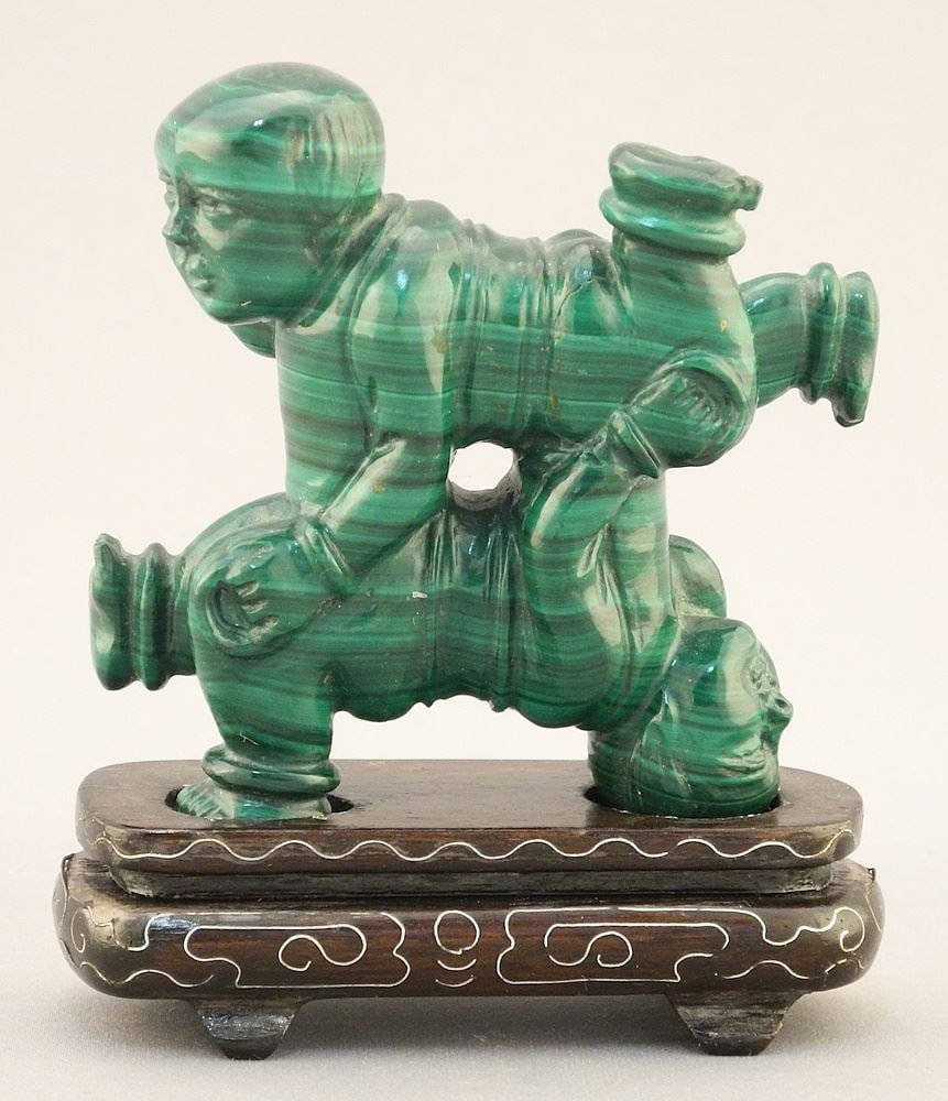 Chinese Malachite, "Boy" Carving on Stand, 2 3/4"L.: Chinese Malachite, "Boy" Carving on Stand, 2 3/4"L.