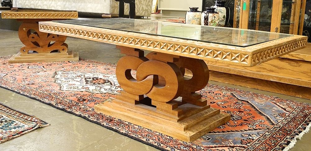 Possibly North African Deep Carved Wood Table Set. (1 of 7)