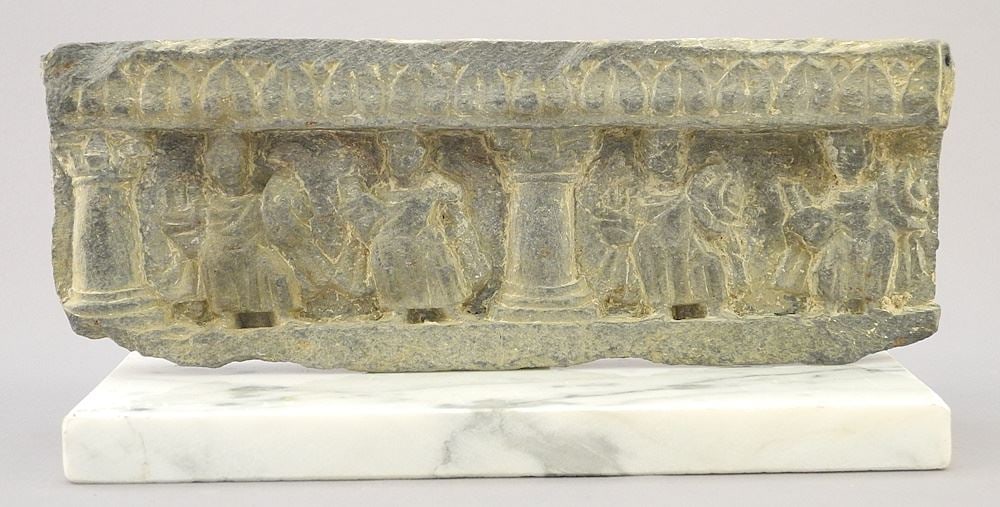 Gandhara Gray Schist Frieze from Temple Wall, "Guarding of Relics of Buddha, 8 1/3"L, on base. (1 of 1)