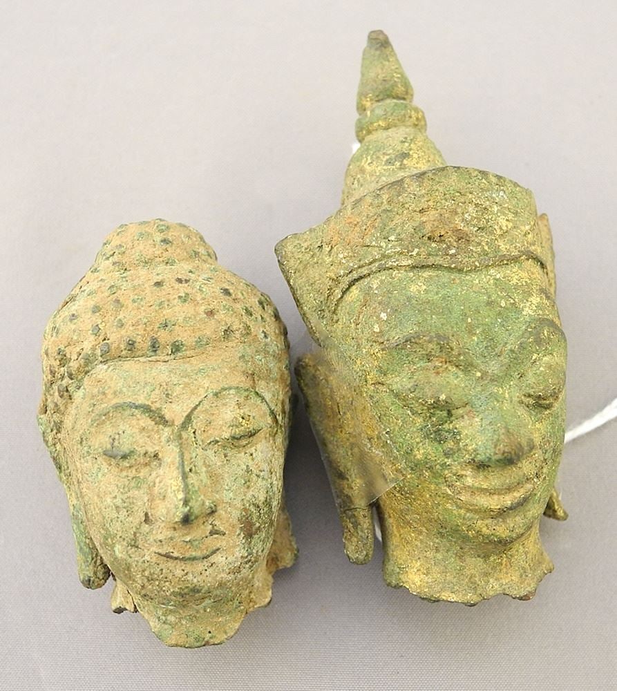 2 Bronze Buddha Heads from Thai, 2 3/4"H & 1 3/4"H, TW 125 Grams. (1 of 1)