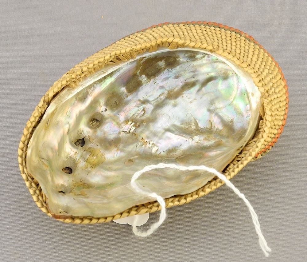 Nuu-Chah Nulth Basketry Wrapped Abalone Shell, 3 7/8"W. (1 of 2)