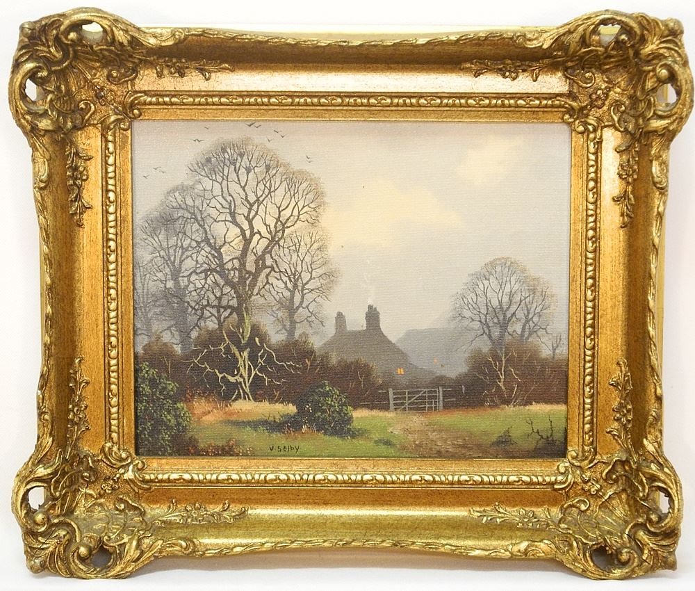 Oil on Board signed (Vincent) Selby, 7 1/4" x 9 1/4", "Country House - Evening". (1 of 3)