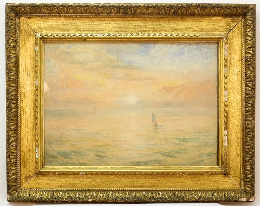 Watercolour signed M. (Mary) Mason, 15" x 21", "Sunset Gulf of Georgia".: Watercolour signed M. (Mary) Mason, 15" x 21", "Sunset Gulf of Georgia".