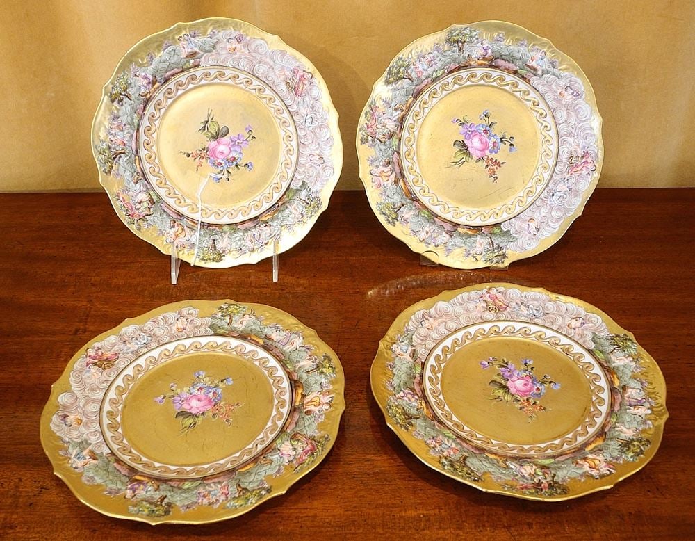 Set of 4 Dresden Floral and Gilt Decorated Plates, 9".: Set of 4 Dresden Floral and Gilt Decorated Plates, 9".