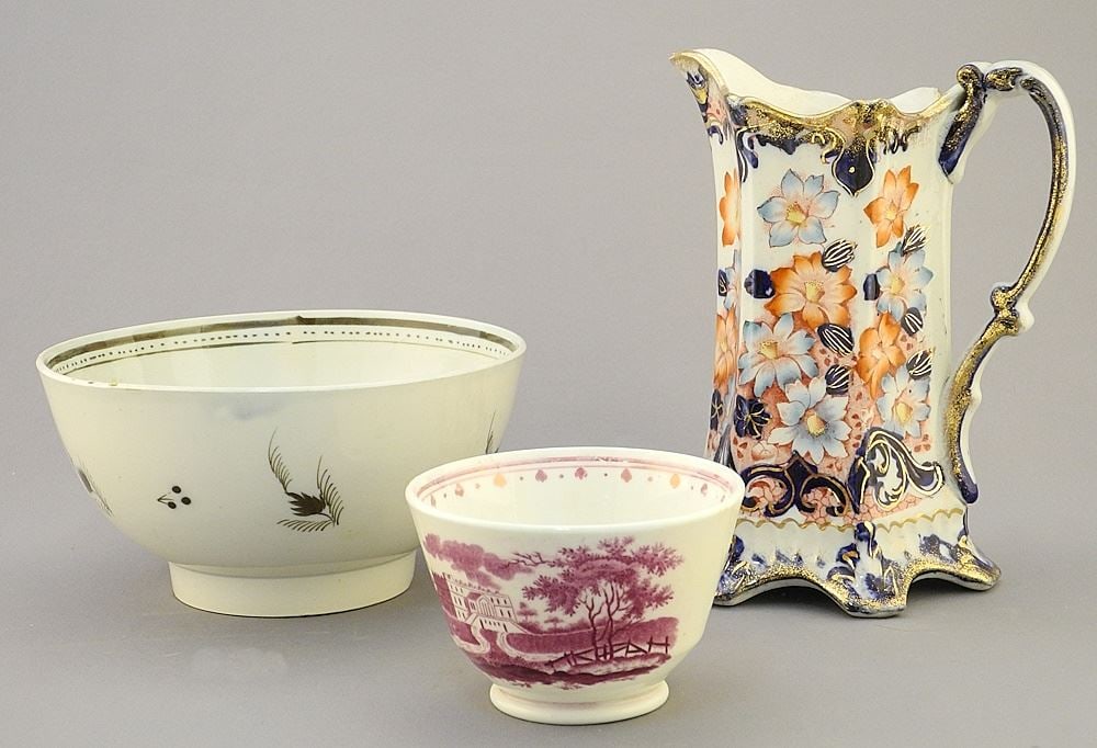 3 English Ceramic Wares: 18th C. Pearlware Bowl (6" Diam.), Tea Bowl, Pitcher. (1 of 5)
