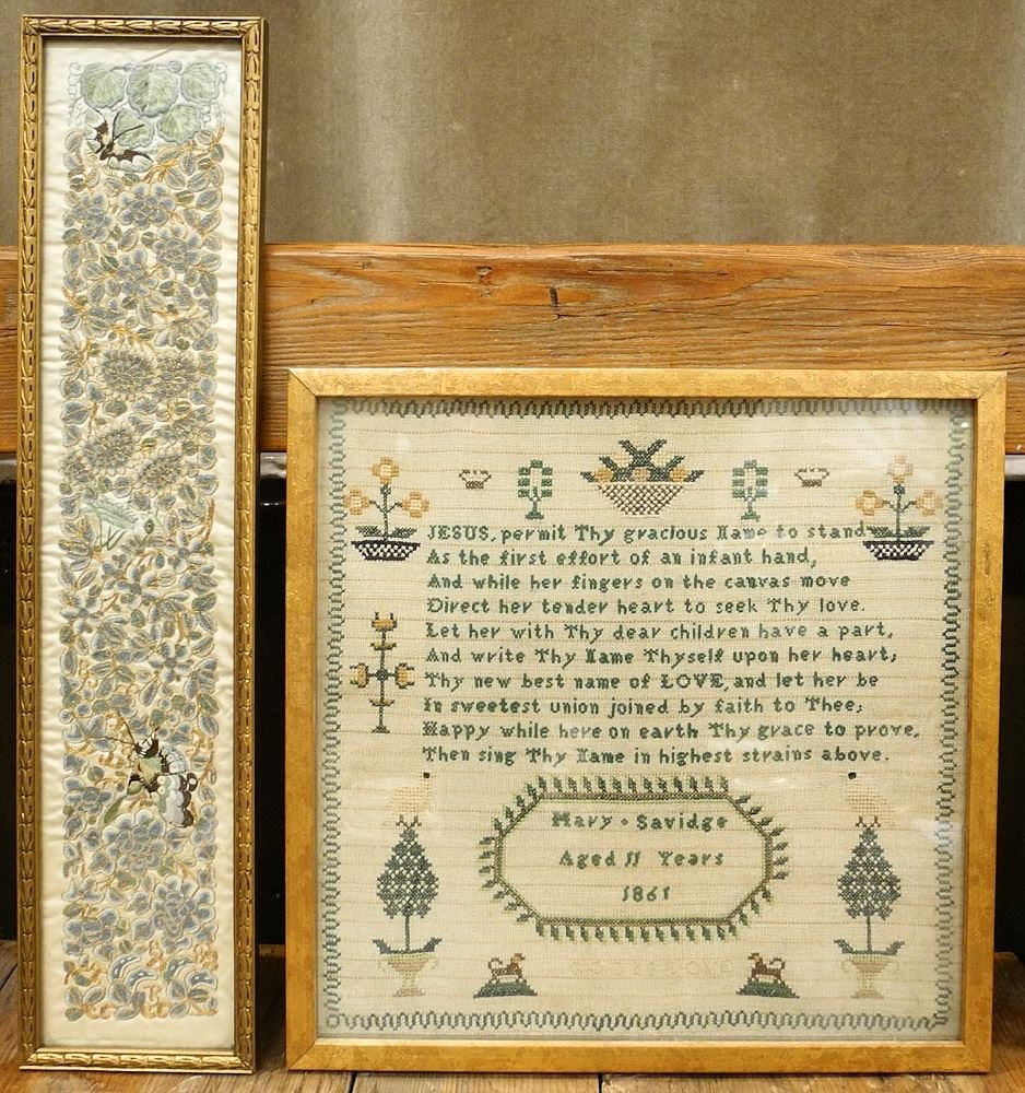 Mary Savage 1861 Sampler & Asian Embroidery, 18 1/2"H. (1 of 1)