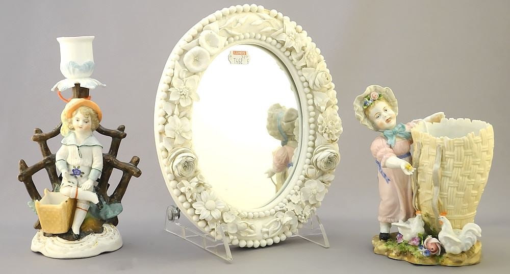 Derby Sampson & Hancock Mirror with 2 Porcelain Figures, 5 1/2" - 8 1/4" as found. (1 of 7)