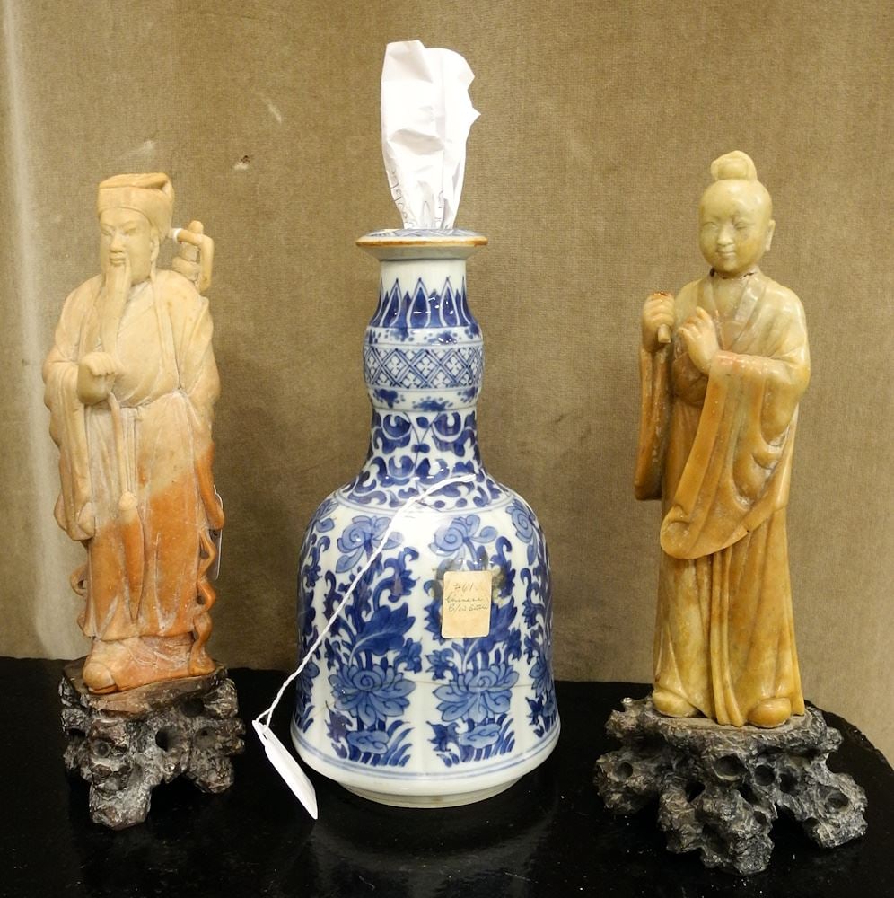 Pair of Chinese Hardstone Figures, 9 1/2"H & Blue & White Bottle. - (1 of 2)
