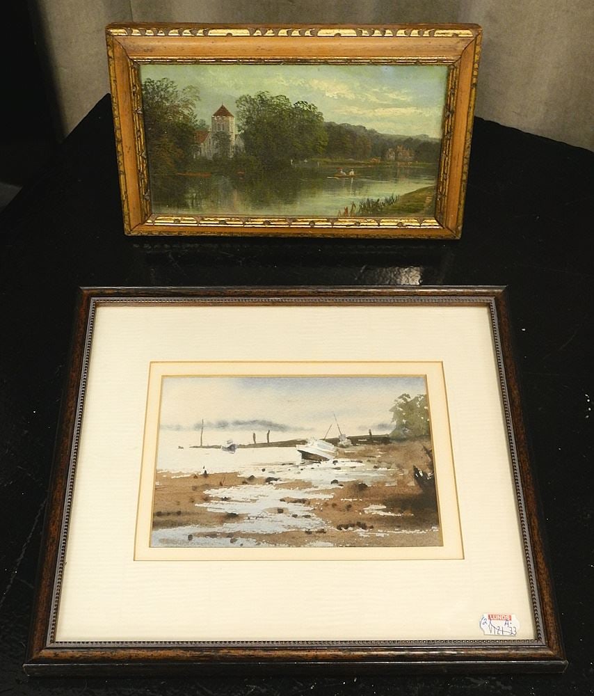 British Oil Painting, 4 1/2" x 8", "River Scene" & Watercolour, "Boats" 5" x 6 1/2". (1 of 1)