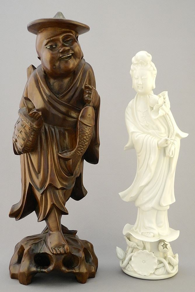 2 Chinese Figurines: Blanc de Chine Kwanyin (12 1/8"H) & Hardwood, 14 1/2"H. (1 of 2)
