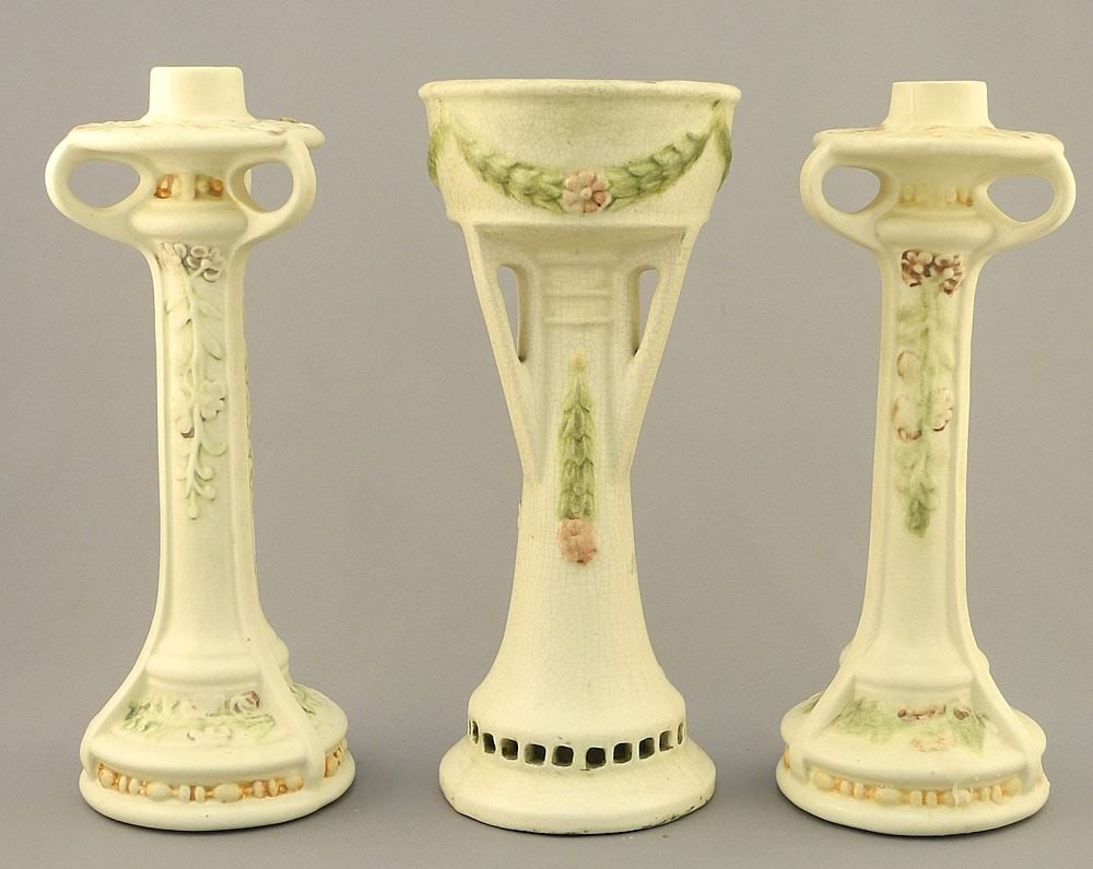 3 Pcs. of Weller Pottery: Pair of Candlesticks (9 1/4"H) & Vase (9 1/8"H) (crazing noted). (1 of 3)