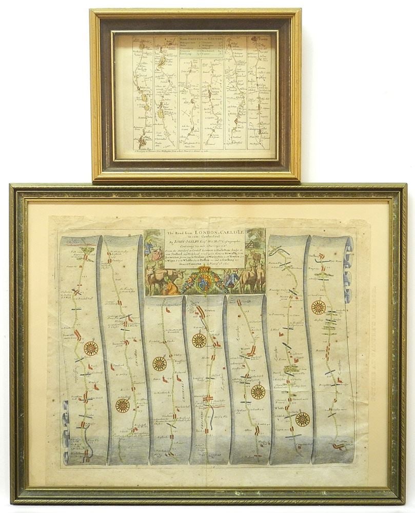 2 18th C. Road Maps: London to Carlisle (14 1/2" x 17 1/2") & Bristol to Exeter, 6 1/2": 2 18th C. Road Maps: London to Carlisle (14 1/2" x 17 1/2") & Bristol to Exeter, 6 1/2"