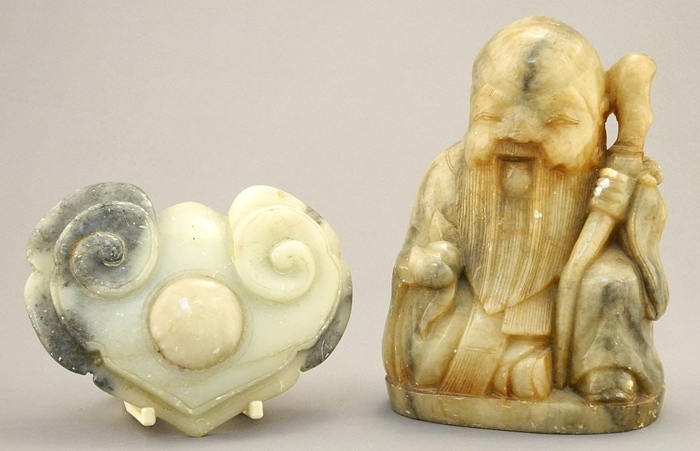 2 Chinese Softstone Carvings: Buddha (6 1/8"H) & Cloud Scroll, 5"W. (1 of 3)