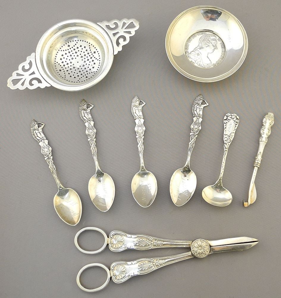 Collection of Sterling Silver Spoons & Strainer (109.3 Grams) / .800 Dish (60.7 Grams) / Plated. (1 of 2)