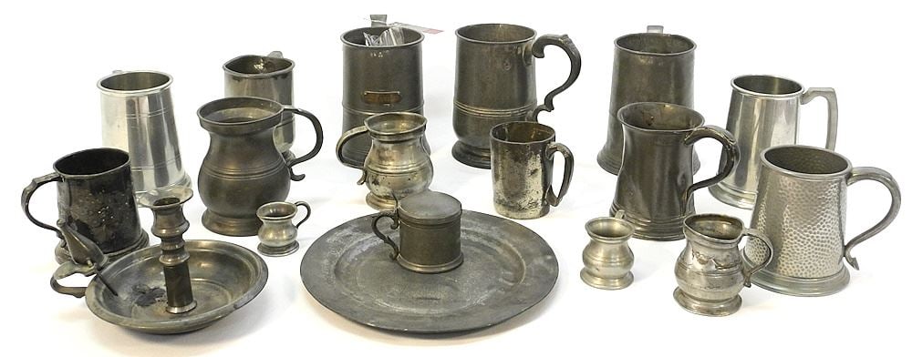 Collection of Pewter Steins & Sundries: Dish / Spoons / Chamberstick, 1 5/8" - 6 1 (1 of 6)
