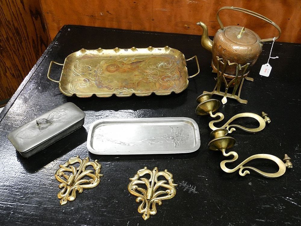 Collection of Nouveau Brass, Copper & Pewter.: Collection of Nouveau Brass, Copper & Pewter.