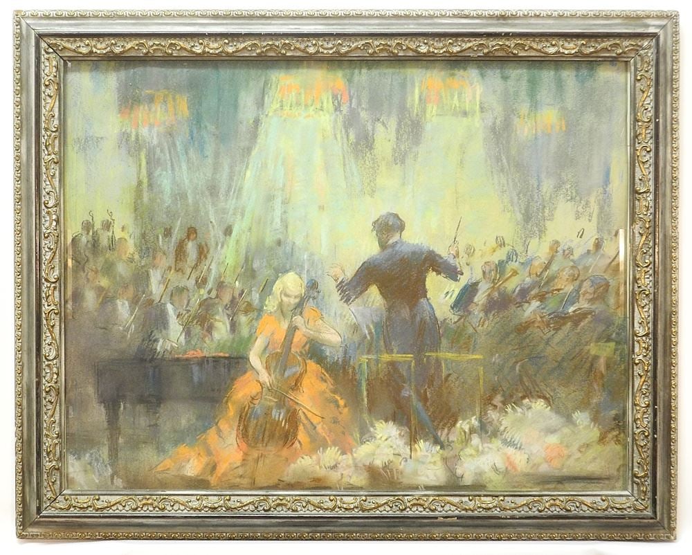 Unsigned Pastel on Paper, 19 1/4" x 25 1/2", "Cellist & Conductor".: Unsigned Pastel on Paper, 19 1/4" x 25 1/2", "Cellist & Conductor".