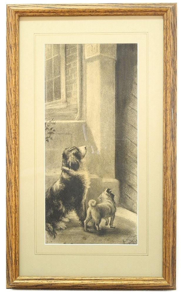Charcoal Drawing signed E. McGregor 1841, 14 3/4" x 6 3/4", "Dogs Wanting In". (1 of 5)