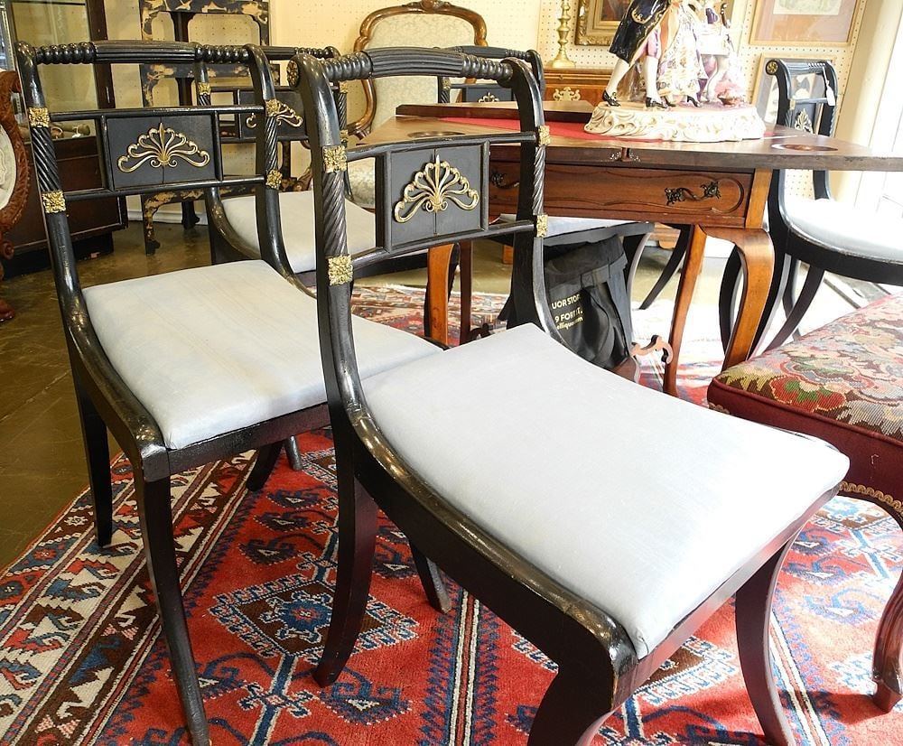 Set of 6 Regency Ebonized Mahogany & Brass Dining Chairs, 32 1/8"H. (1 of 6)