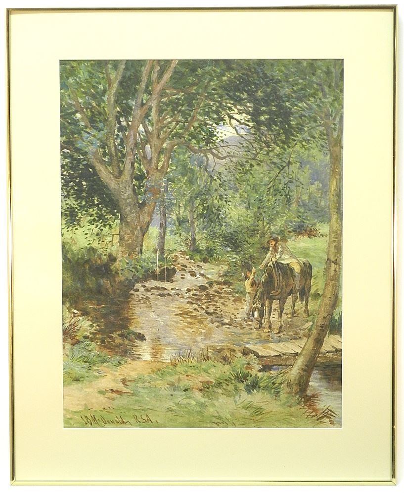 Watercolour signed J.B. (John Blake) MacDonald RSA, 19 3/8" x 14 7/8", "Horse Watering Streamside (1 of 3)