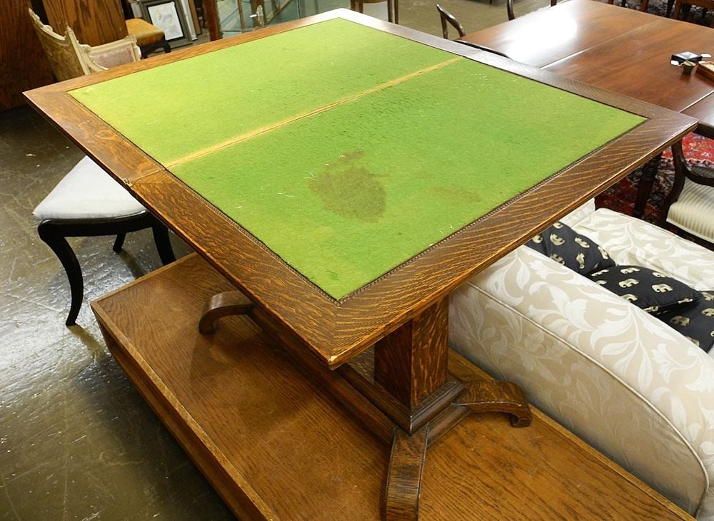 19th C. Oak Games Table, Baize Lined 29 1/2" x 34" x 20". (1 of 5)