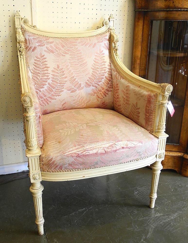 Louis XVI Cream Painted Bergere Chair, 36 5/8" x 25 1/2" x 25".: Louis XVI Cream Painted Bergere Chair, 36 5/8" x 25 1/2" x 25".
