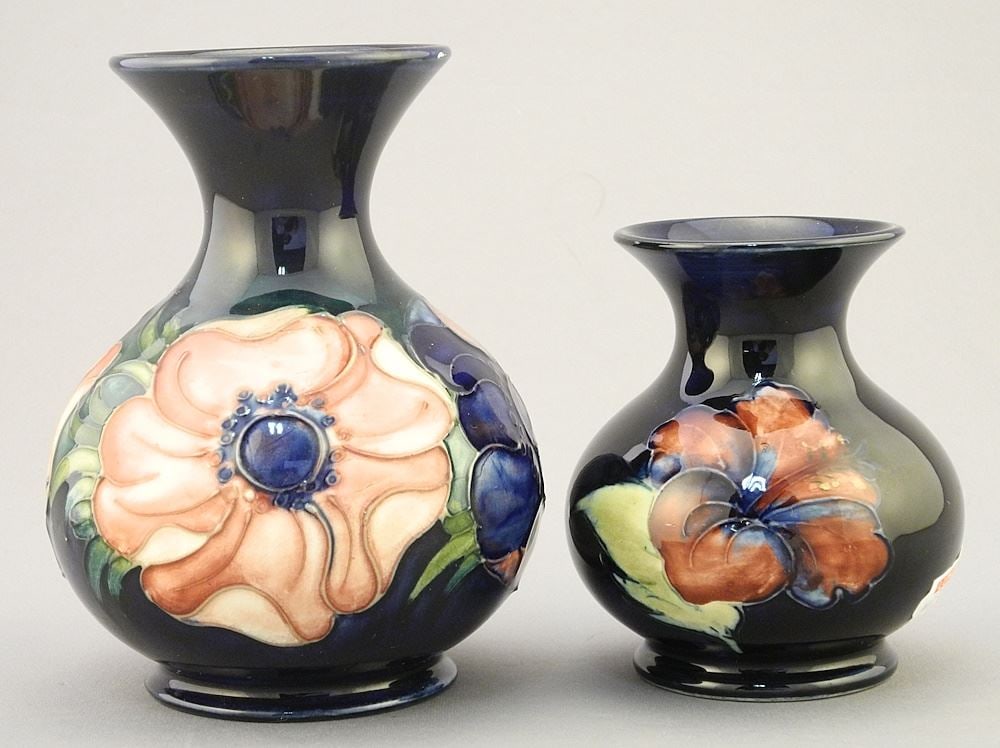 2 Moorcroft Vases: Anemone (5"H) & Hibiscus, 3 1/2"H. (1 of 3)