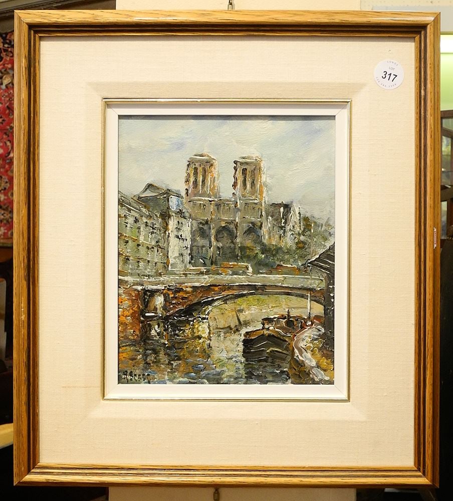Oil on Canvas signed R. (Raymond) Besse, 10 1/2" x 8 3/4", "Notre Dame Paris".: Oil on Canvas signed R. (Raymond) Besse, 10 1/2" x 8 3/4", "Notre Dame Paris".