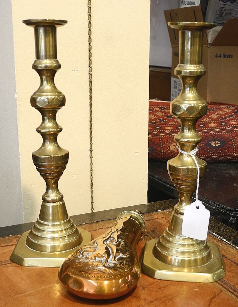 Pair of 10 1/2" Victorian Brass Candlesticks & James Dixon Powder Flash. (1 of 2)