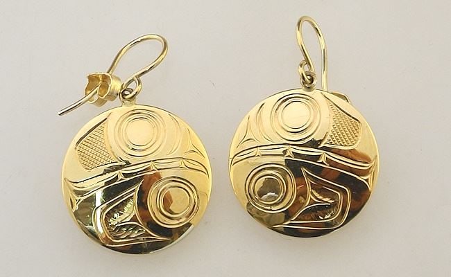 Pair of 18K (marked) Haida Gold Earrings Monogrammed JM'93 (Jim Maguire), 3/4" Diam., 5.9 (1 of 2)