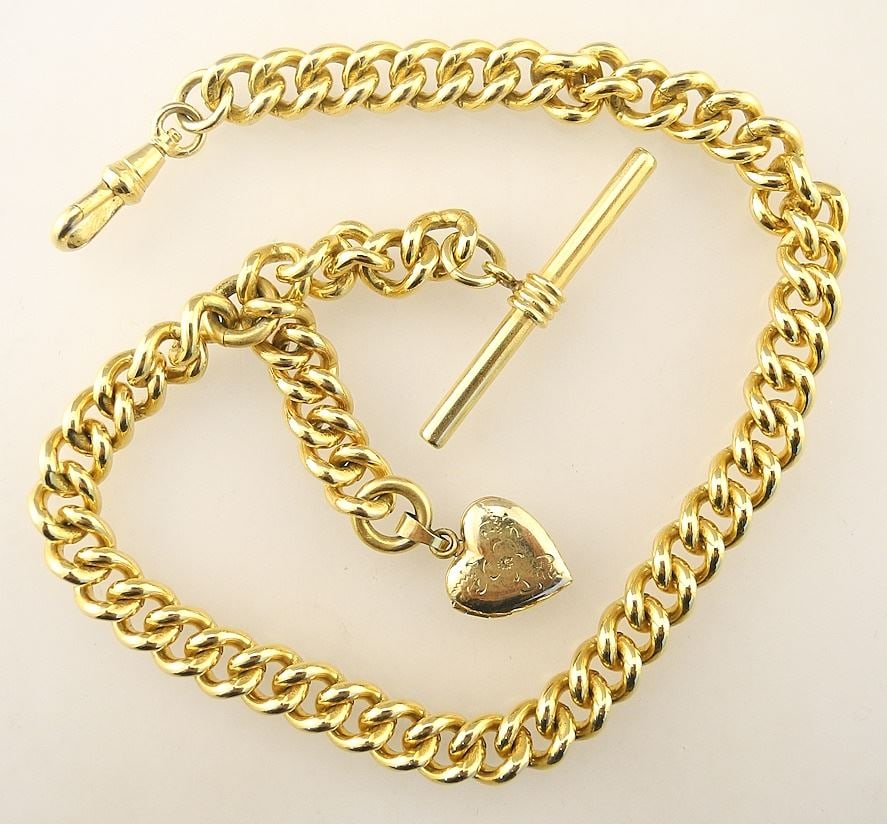 Gold Plated Watch Fob with Heart Locket Charm, 40.61 Grams, 10 1/4"L.: Gold Plated Watch Fob with Heart Locket Charm, 40.61 Grams, 10 1/4"L.