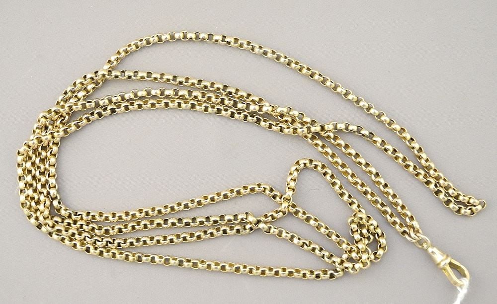 Antique 9C Gold (stamped) Clasp on Gold Plated Watch Chain, 58"L., TW 45.5 grams (1 of 2)